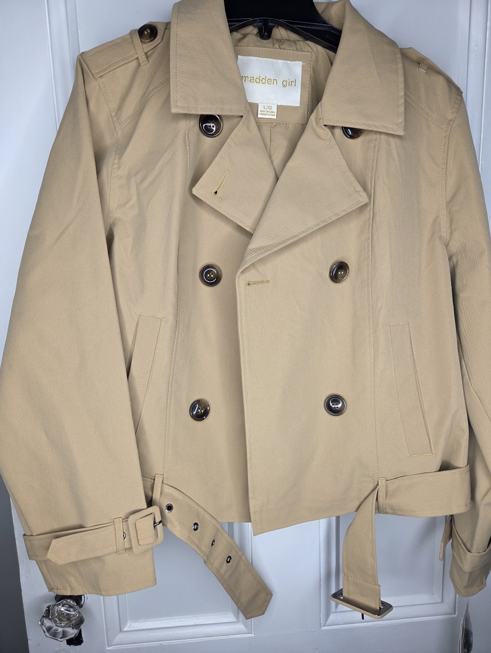 Madden Girl Beige Double-Breasted Cropped Trench Coat with Belt